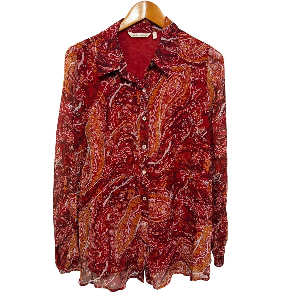 Soft Surroundings Women Blouse M Petite Red Paisley Sheer Sleeve Lined Boho Work